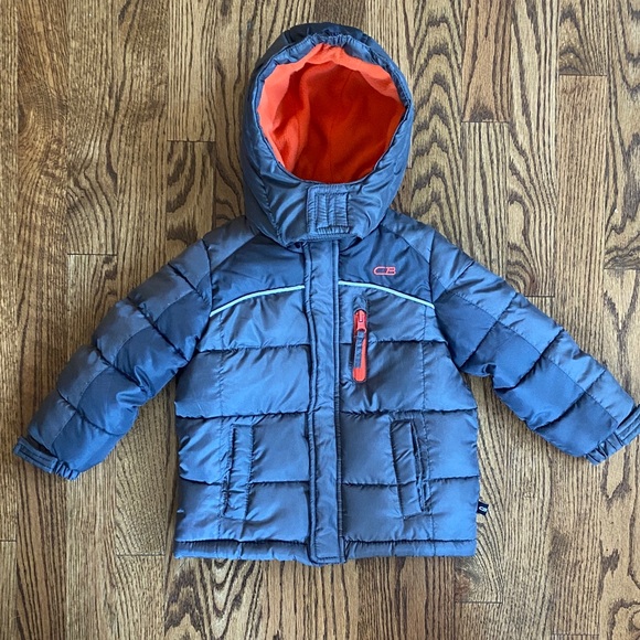 Charcoal grey with orange fleece lining boys’ CB puffer jacket, size 2T. - Picture 1 of 13